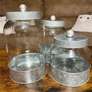 Set of Three Glass and Metal Canisters